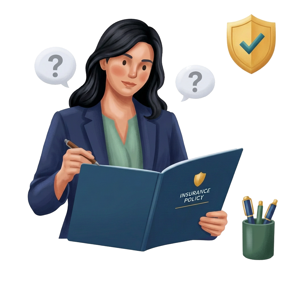 Modern flat illustration of an advisor answering questions while reviewing an insurance policy folder