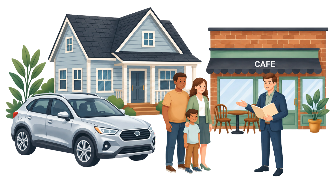 A family and licensed insurance professional beside a home, silver SUV and brick cafe storefront